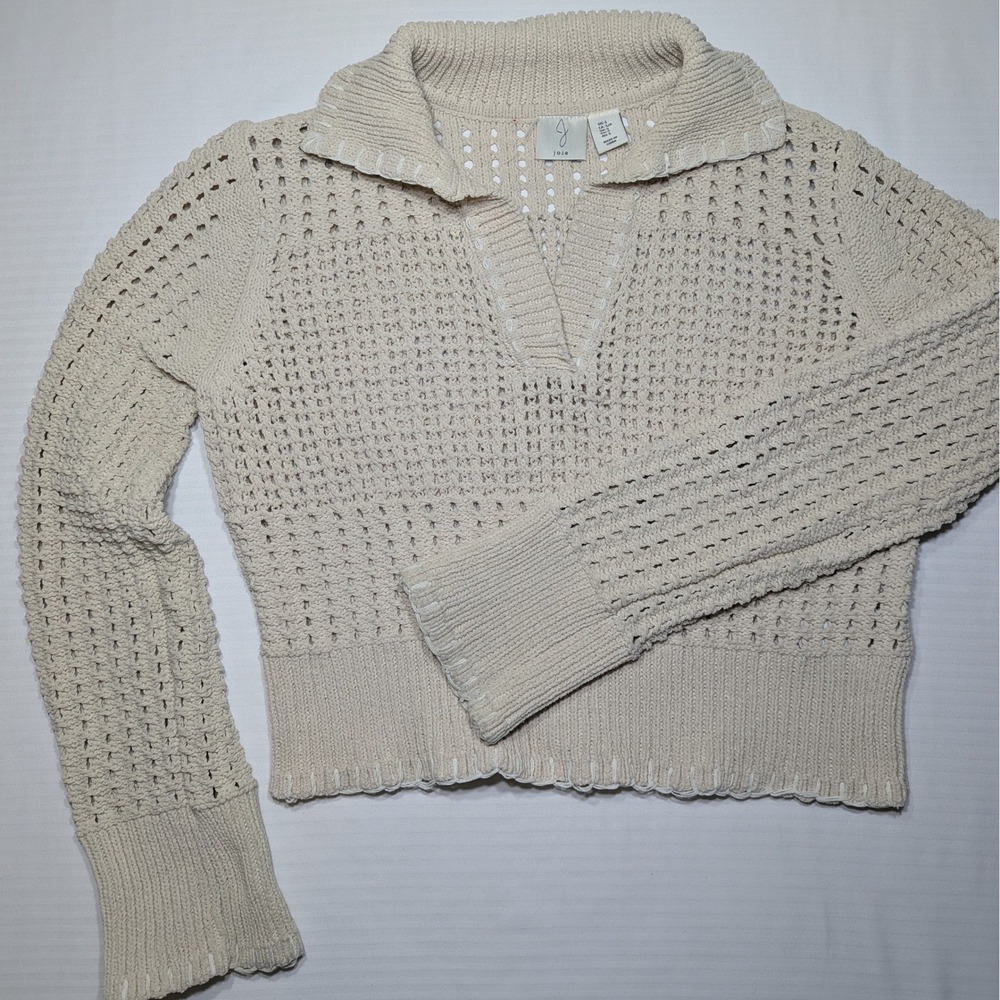 Joie Sweater Small Cream‎ Beige Crochet Open Knit Collared V-Neck Pullover 2026